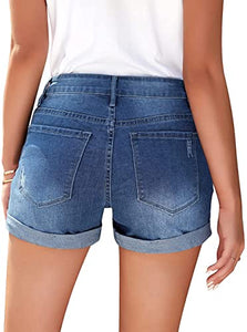 Uqnaivs Womens High Rise Front Buttons Ripped Rolled Hem Casual Denim Jeans Shorts