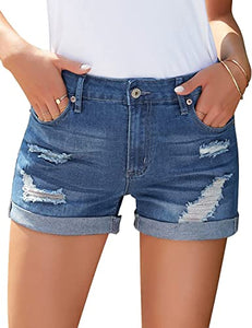 Uqnaivs Womens High Rise Front Buttons Ripped Rolled Hem Casual Denim Jeans Shorts