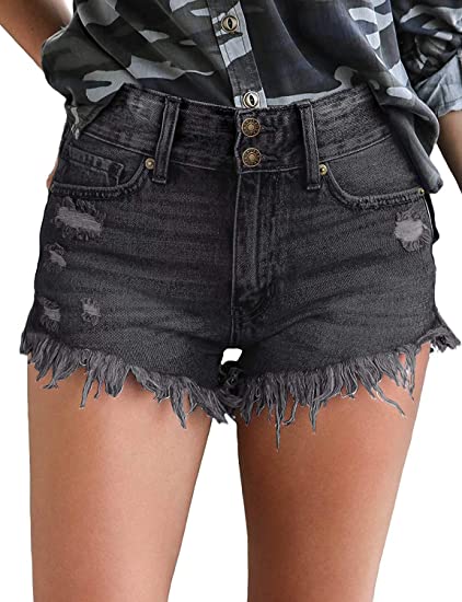 Uqnaivs Women's Mid Rise Shorts Ripped Faded Wash Frayed Raw Hem Denim Jean Shorts
