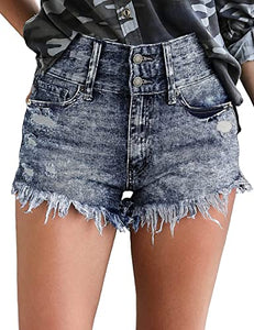 Uqnaivs Women's Mid Rise Shorts Ripped Faded Wash Frayed Raw Hem Denim Jean Shorts