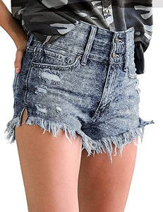 Uqnaivs Women's Mid Rise Shorts Ripped Faded Wash Frayed Raw Hem Denim Jean Shorts