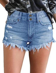 Uqnaivs Women's Mid Rise Shorts Ripped Faded Wash Frayed Raw Hem Denim Jean Shorts