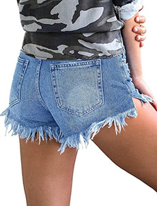 Uqnaivs Women's Mid Rise Shorts Ripped Faded Wash Frayed Raw Hem Denim Jean Shorts