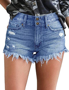 Uqnaivs Women's Mid Rise Shorts Ripped Faded Wash Frayed Raw Hem Denim Jean Shorts