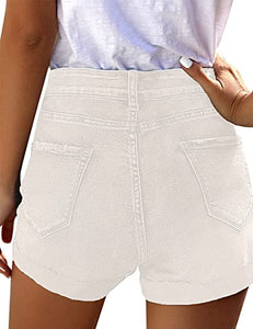 Uqnaivs Women's Casual High Waisted Cuffed Hem Stretchy Ripped Denim Jean Shorts