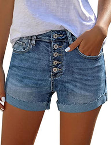 Uqnaivs Women's Casual High Waisted Cuffed Hem Stretchy Ripped Denim Jean Shorts