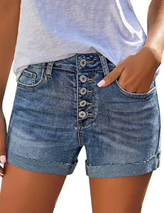 Uqnaivs Women's Casual High Waisted Cuffed Hem Stretchy Ripped Denim Jean Shorts