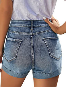 Uqnaivs Women's Casual High Waisted Cuffed Hem Stretchy Ripped Denim Jean Shorts