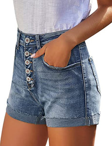 Uqnaivs Women's Casual High Waisted Cuffed Hem Stretchy Ripped Denim Jean Shorts