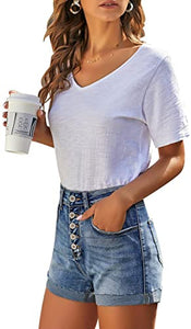 Uqnaivs Women's Casual High Waisted Cuffed Hem Stretchy Ripped Denim Jean Shorts