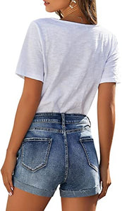 Uqnaivs Women's Casual High Waisted Cuffed Hem Stretchy Ripped Denim Jean Shorts
