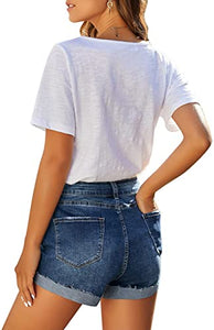 Uqnaivs Women's Casual High Waisted Cuffed Hem Stretchy Ripped Denim Jean Shorts