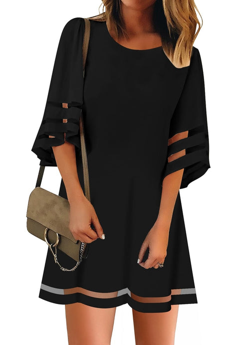3/4 Bell Sleeve Mesh Panel Above-The-Knee Short A Line Dress