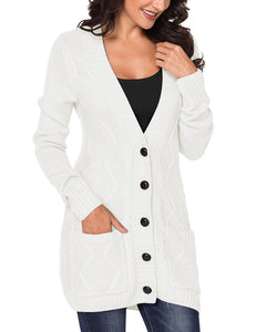 Uqnaivs Womens Open Front Long Sleeves Pocket Button Cable Knit Sweater Cardigan