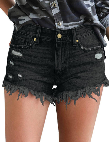 Uqnaivs Women's Mid Rise Shorts Ripped Faded Wash Frayed Raw Hem Denim Jean Shorts