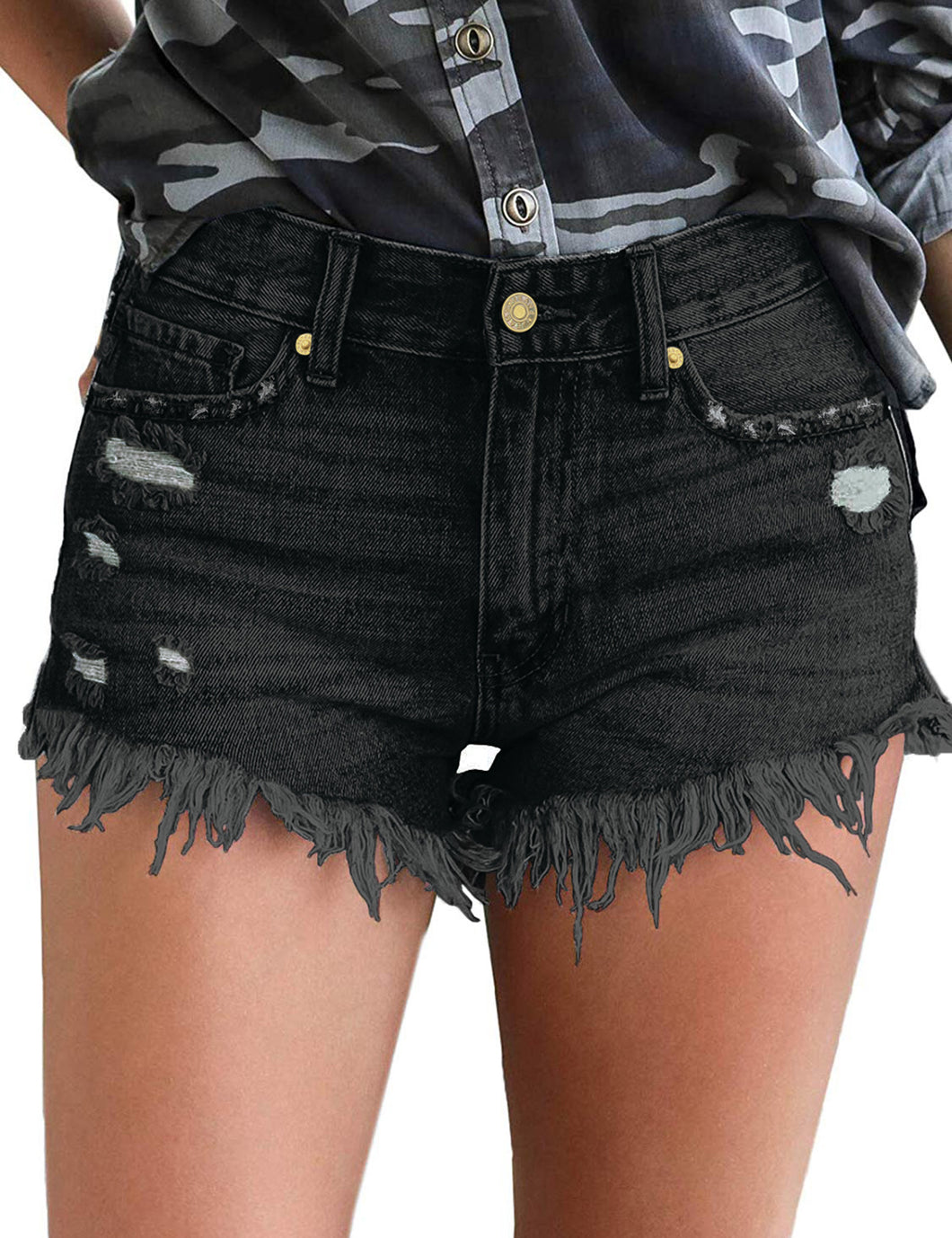 Uqnaivs Women's Mid Rise Shorts Ripped Faded Wash Frayed Raw Hem Denim Jean Shorts