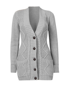 Uqnaivs Womens Open Front Long Sleeves Pocket Button Cable Knit Sweater Cardigan