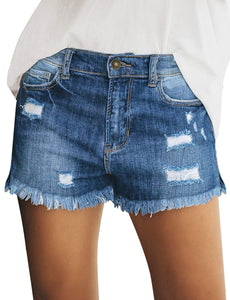Uqnaivs Women's Mid Rise Shorts Ripped Faded Wash Frayed Raw Hem Denim Jean Shorts