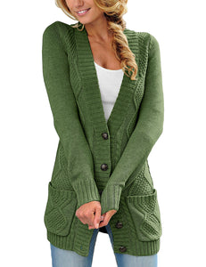 Uqnaivs Womens Open Front Long Sleeves Pocket Button Cable Knit Sweater Cardigan