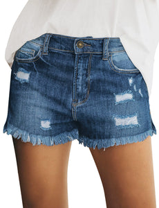 Uqnaivs Women's Mid Rise Shorts Ripped Faded Wash Frayed Raw Hem Denim Jean Shorts