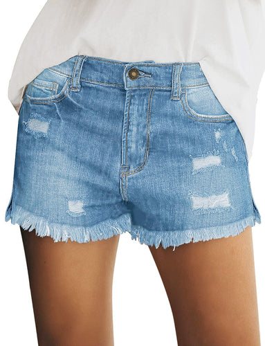Uqnaivs Women's Mid Rise Shorts Ripped Faded Wash Frayed Raw Hem Denim Jean Shorts